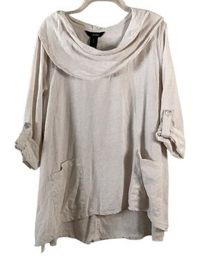 Ali Miles Linen Cream Tunic with Drape Cowl Neckline and Pockets XL Lagenlook